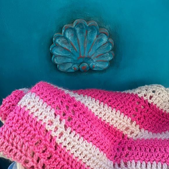 Vintage Handmade pink striped afghan throw blanket perfect for little gi… - Picture 2 of 9
